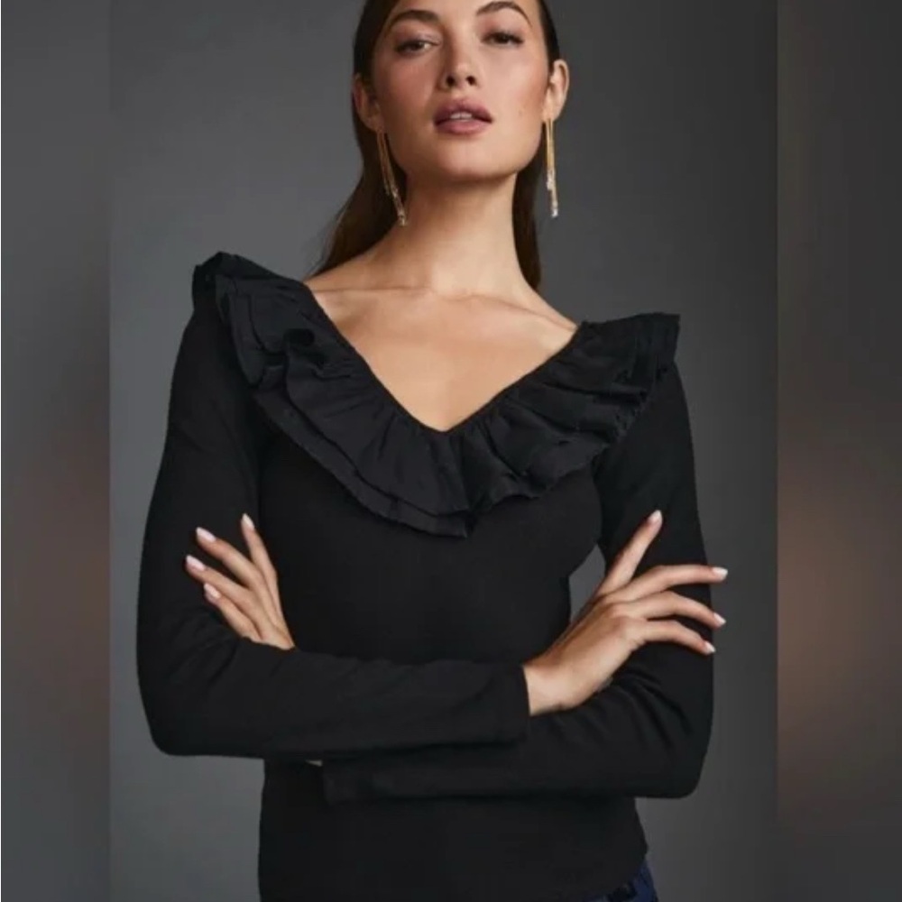 Anthropologie Dolan Black Ruffled Long Sleeve Blouse - Large